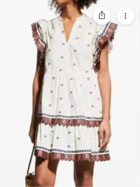 Maria Oliver White Mini Dress with Pink Trim and Ruffle Sleeves